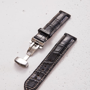 Black Alligator watch strap band / 100% handmade from alligator leather with great pattern / 22 mm, 20 mm, 18 mm, 16 mm, 14 mm, 12 custom