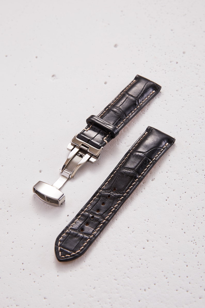 Black Alligator watch strap band / 100% handmade from alligator leather with great pattern / 22 mm, 20 mm, 18 mm, 16 mm, 14 mm, 12 custom image 1