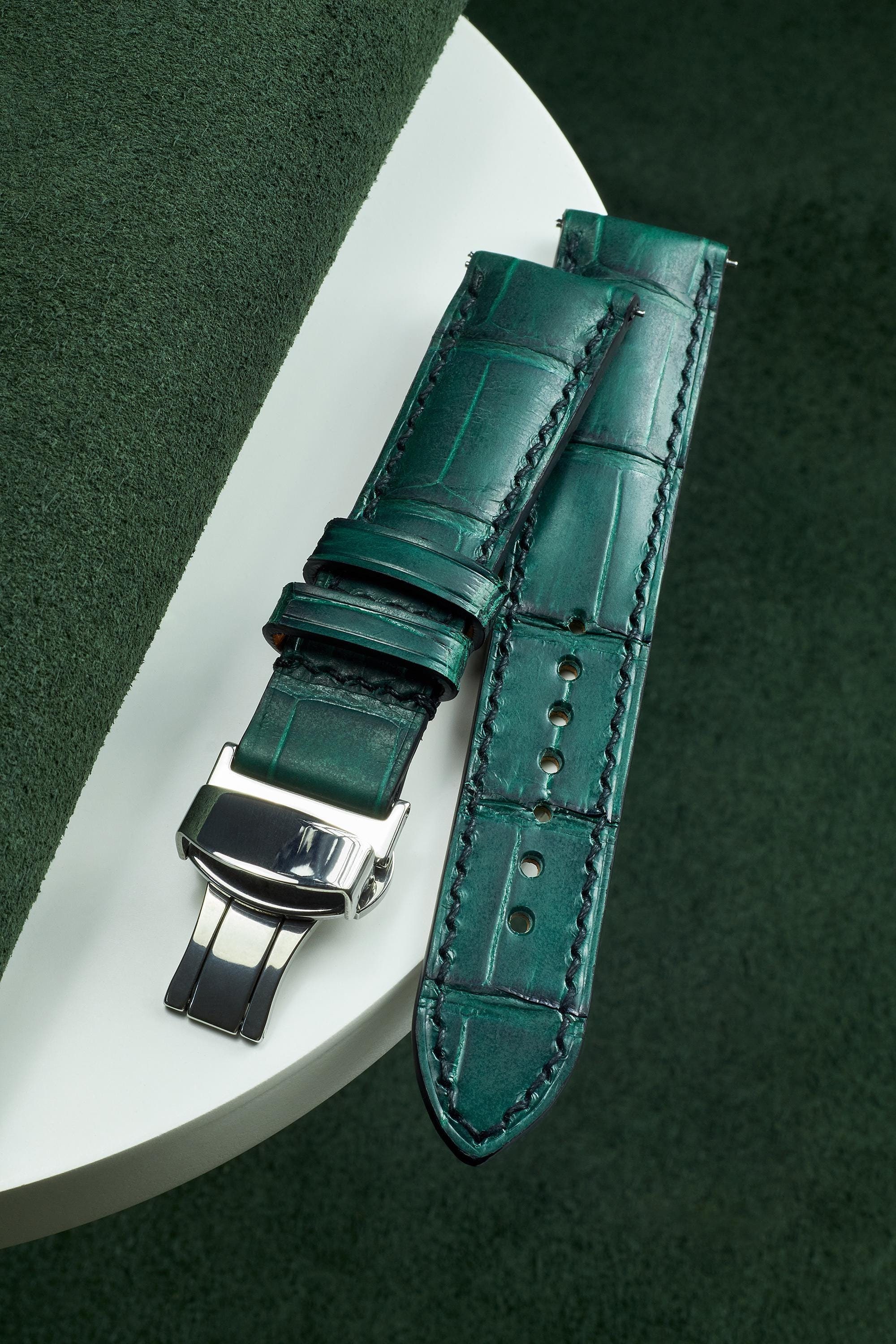 Green Alligator watch strap band Teal / 100% handmade from alligator leather/ 22 mm, 20 mm, 18 mm, 16 mm, 14 mm, 12 custom sized