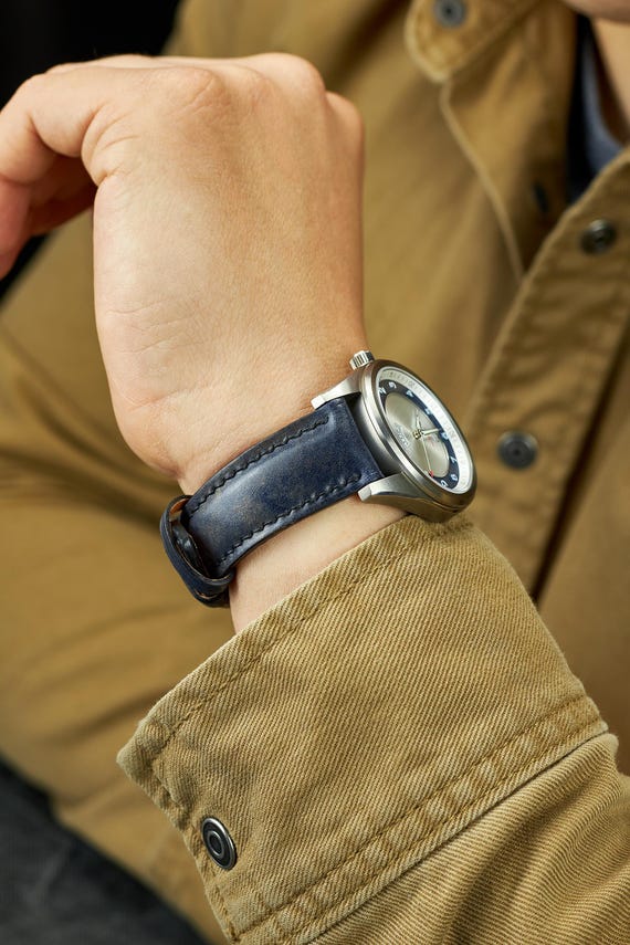 Navy Shell Cordovan Watch Strap: Handmade Blue Rocado Leather Band