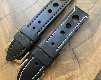 Handmade Black Leather Watch Strap: Panerai Style, Thick Stitching (22mm)