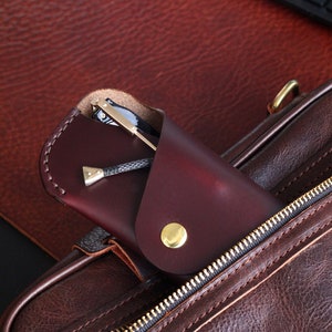May include: A brown leather bag with a zipper closure. A burgundy leather glasses case with a gold button is partially inserted into the bag.