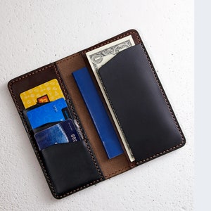 Cartera de chequera en cuero Horween Chromexcel negro, marrón, burdeos / funda Business Check con bolsillos adicionales, cosida a mano