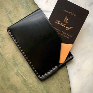 Cartera de piel de cordero de Horween color burdeos, marrón y negro. Tarjetero, tarjetero con bolsillo delantero de piel de cordero cosida a mano, Karat imagen 8