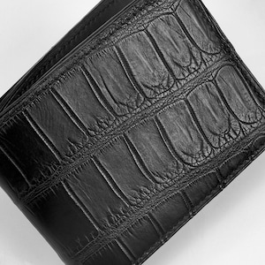 Cartera de piel de cocodrilo en color negro, plegable para efectivo y tarjetas / para dólares, euros, libras, Archer