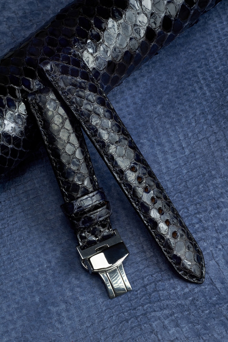 Navy python watch strap band real leather / handmade from real snake skin woman and men's strap / 22 mm, 20 mm, 18 mm, 16 mm, 14 mm, 12 mm image 1