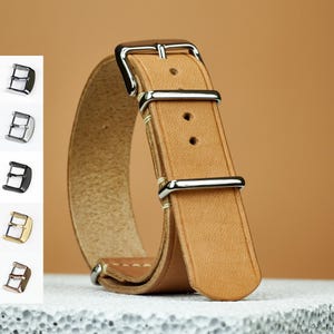 Horween Essex NATO leather strap in Natural band / Chromexcel Natural Brown / One Piece single pass 16, 18, 20, 22 mm Solid Brass, Bronze