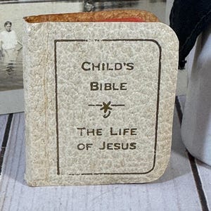 May include: A small, vintage Child's Bible with a textured cover. The cover features a brown border with the title "CHILD'S BIBLE THE LIFE OF JESUS" in brown lettering. The book has a red spine and is slightly worn.