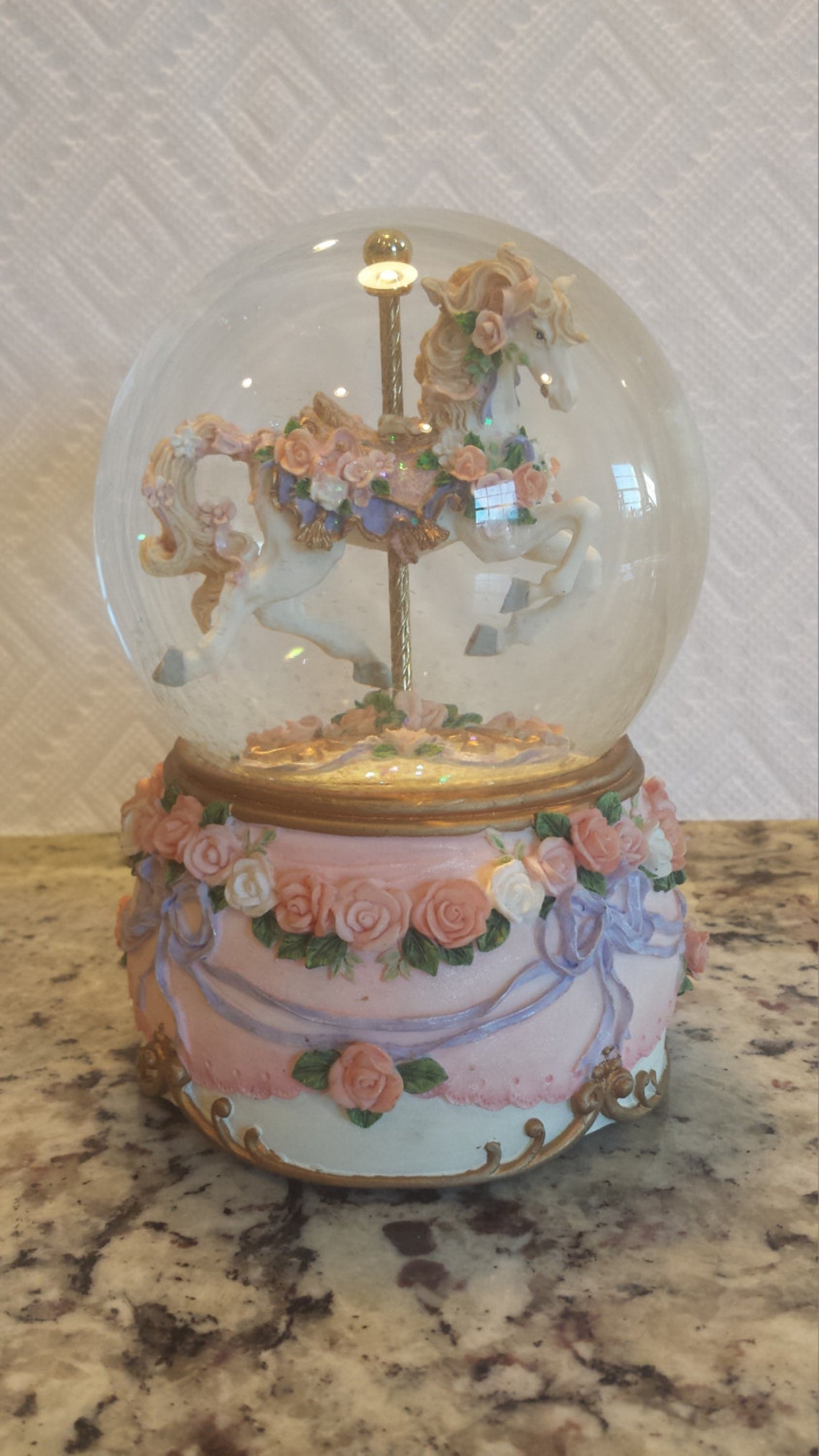 Pink rose carousel horse snow globe Etsy