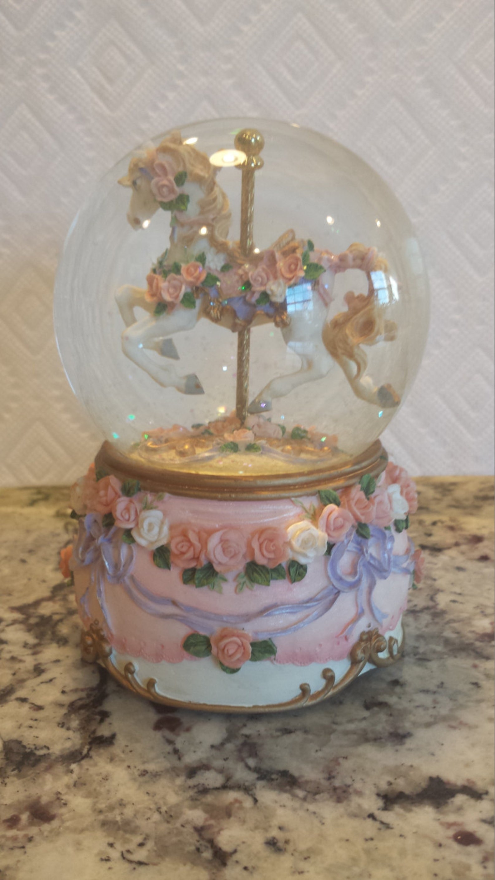 Pink rose carousel horse snow globe Etsy