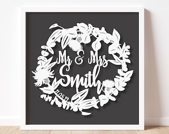 Wedding Gift Paper Cut Personalised Unframed Wreath