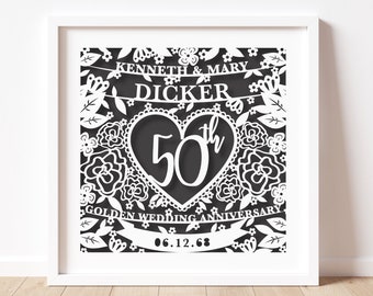 Golden Anniversary 50th Wedding Paper Cut Personalised Unframed Print
