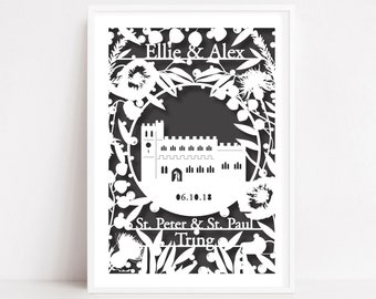 Wedding Paper Cut Personalised Unframed Print featuring Wedding Venue