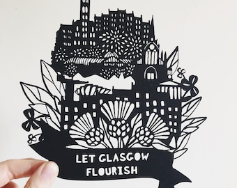 Glasgow 'Let Glasgow Flourish' Landmarks Paper Cut Print, Made in Scotland