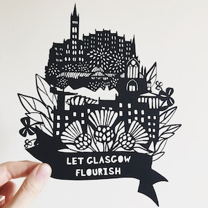 Glasgow &#39;Let Glasgow Flourish&#39; Landmarks Paper Cut Print, Made in Scotland