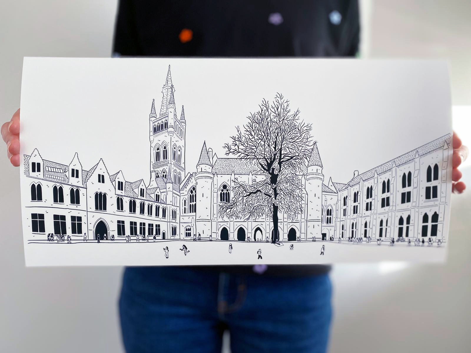 Glasgow 'Glasgow Loves to Learn' University Quadrangle 20cmx 40cm Giclee Illustration Print