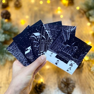 Confezione da 5 biglietti di Natale illustrati e decorati con motivi natalizi di Glasgow, realizzati a mano a Glasgow, Scozia.