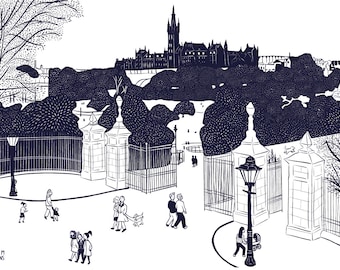 Glasgow West End Kelvingrove Park A3 Giclee Illustration Print