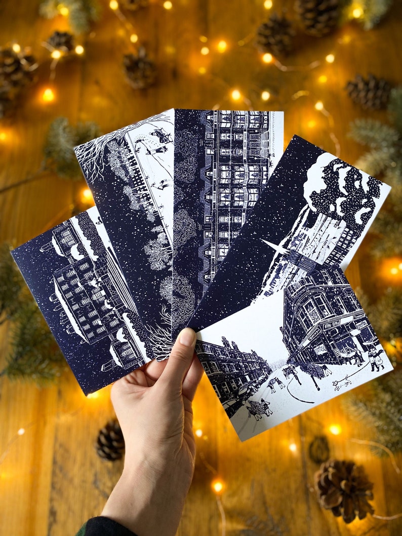 Glasgow Christmas Cards Illustrated Festive Pack of 5 Designs, Handmade in Glasgow, Scotland. image 1