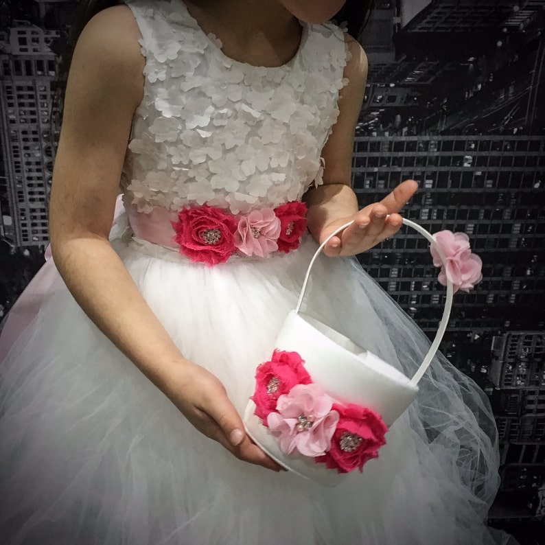 Flower girl flower girl sash pink wedding flower girl accessories wedding decoration pink sash pink flower girl basket and belt