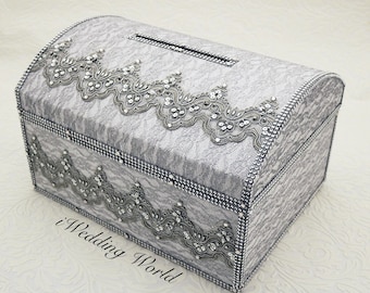 Hucha de boda con ranura para tarjetas – Oro, plata, marfil y blanco – Tarjetero de encaje para recepción de boda – Caja de recuerdos