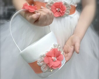 flower girl basket, coral flower girl basket, flower girl sash, wedding decoration, coral sash, coral wedding, flower girl belt