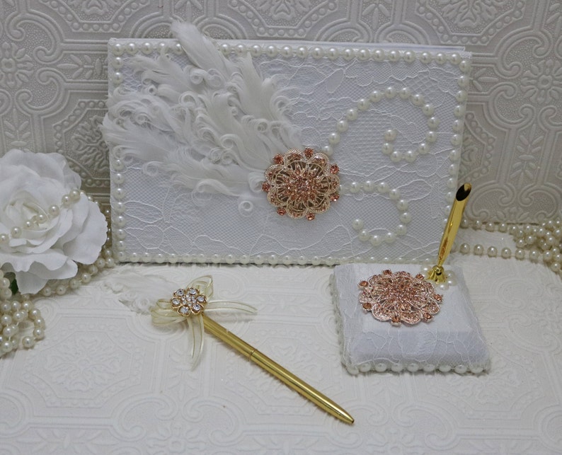 Guest Sign in Book Rose Gold Guest Book wedding guest book White Feather and Brooch Guest Book set