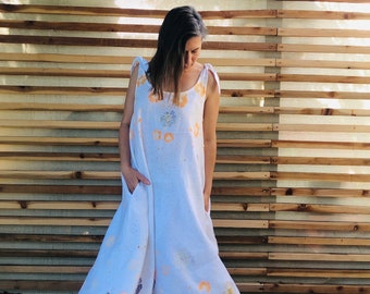 Size Medium ECO PRINTED Linen Bias Cut Cap Sleeve Trapeze Dress in Headlands, W/ Hammered Cosmos Flowers - Etsy Size Medium ECO PRINTED Linen Bias Cut Cap Sleeve Trapeze Dress in Headlands, W/ Hammered Cosmos Flowers - Etsy