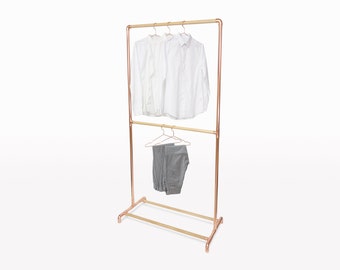 Double Rail Copper Rack • Double Rod • Minimal Freestanding Clothing / Garment Rack • Copper and Oak or Maple