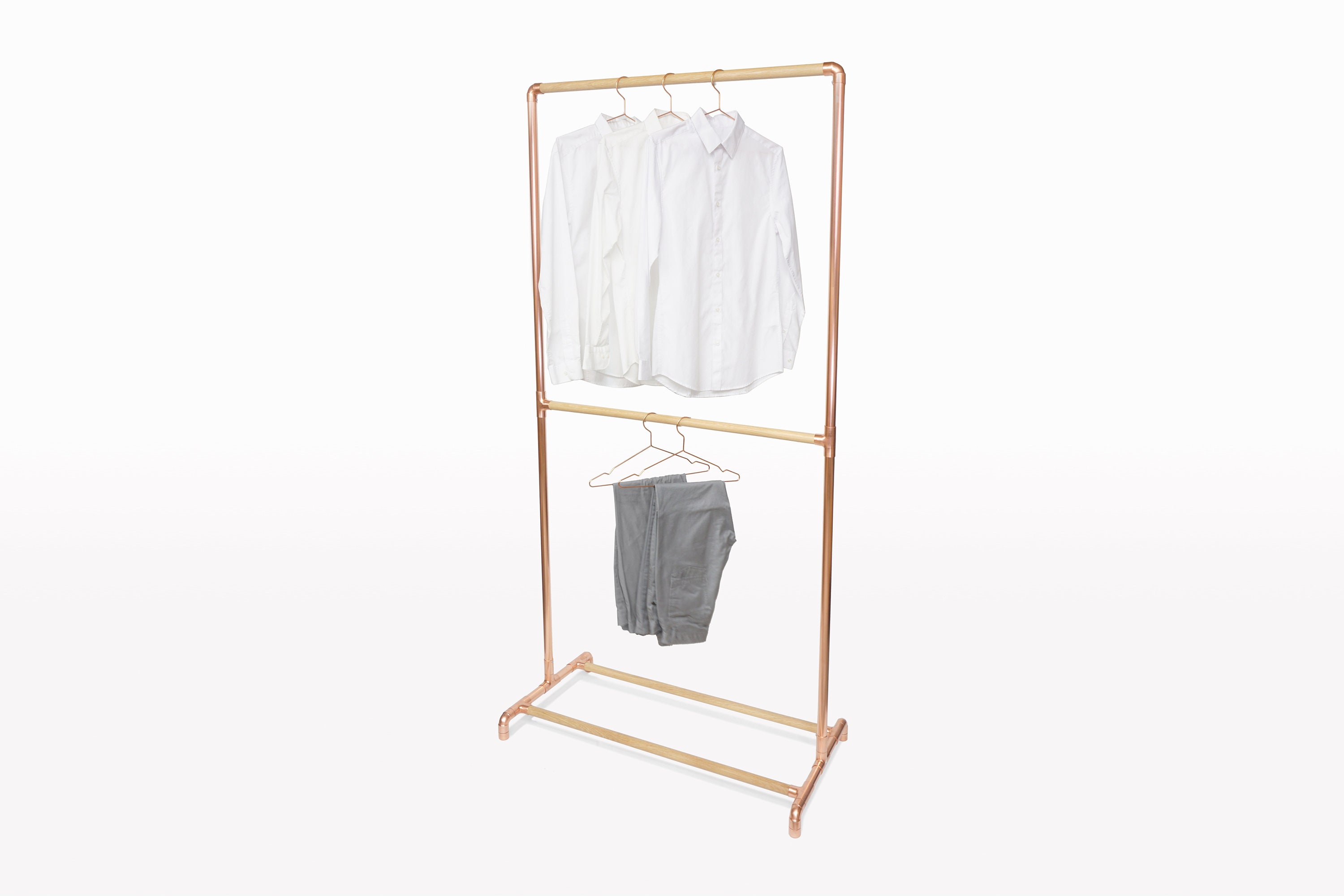 Double Rail Copper Rack • Double Rod • Minimal Freestanding Clothing / Garment Rack • Copper and Oak or Maple