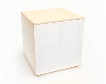 White Fabric Cube Table (semi-transparent, Maple Top)