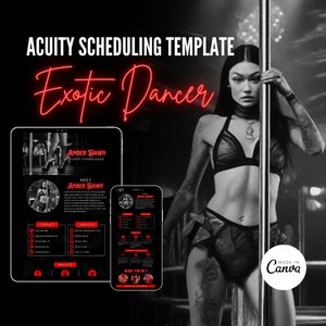 May include: Acuity Scheduling Template for an Exotic Dancer, featuring a woman in lingerie holding a pole. The design includes a tablet and phone mockup with contact and service details. Text includes "Exotic Dancer", "Amber Dawn", and "Ready for Me?"
