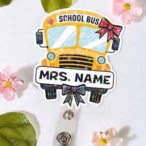 Porte-badge scintillant personnalisé pour autobus scolaire scintillant avec nœud - Adorable clip rétractable pour cadeau de remerciement pour professeur de chauffeur de bus