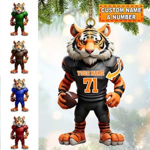 Ornamento de tigre de futebol personalizado com nome e número - Decoração de Natal de acrílico personalizada, presente de Natal divertido para fãs de futebol