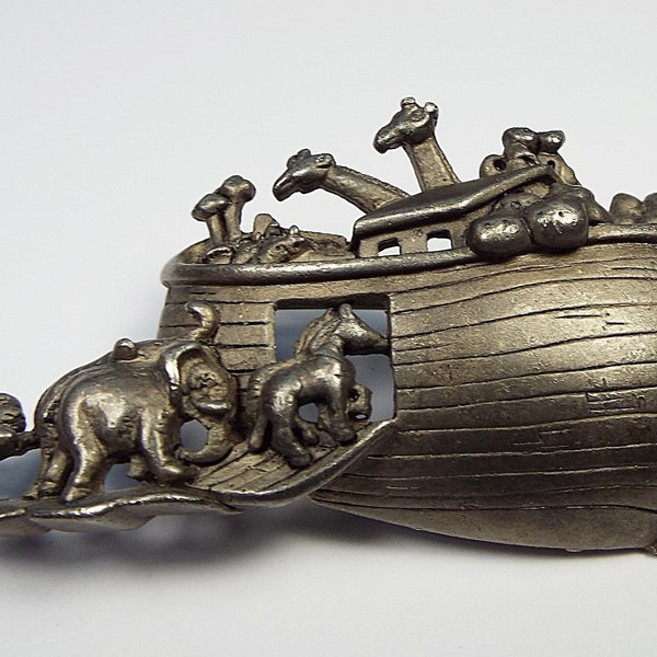Signed American Jewelry Company (AJC) Vintage Silver Tone Pewter Noah's Ark Biblical Brooch Pin