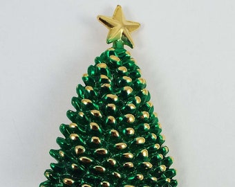 Vintage 1990s Textured Gold Tone Green and Gold Enamel Holiday Christmas Tree Brooch