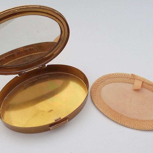 Vintage Mary Dunhill Oval Signed Gold Tone Face Powder Compact with Screen