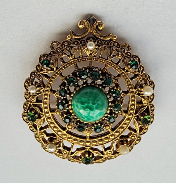 Vintage Florenza Gold Tone Filigree Peking Glass Center Pearl Rhinestone Brooch Etsy