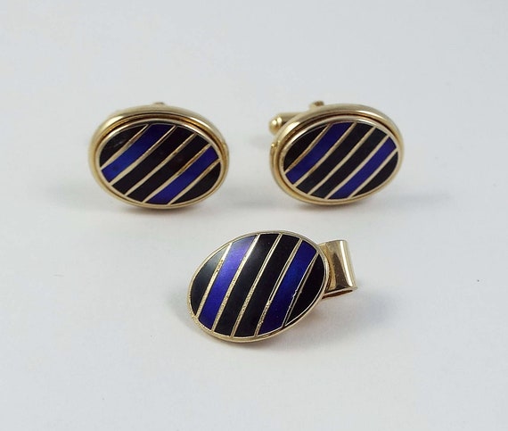 Vintage Shields Gold Tone Navy Blue Black Enamel … - image 1
