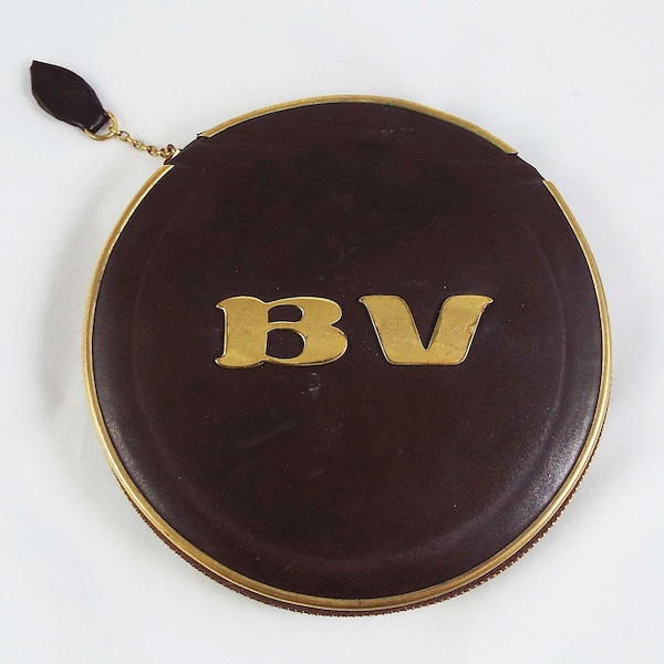 Rare Vintage 1970s Bottege Veneta Round Italian Brown Gold Trim Leather Zippered Face Powder Compact