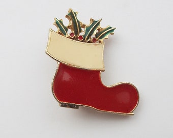 Vintage 1960s to 1970s B.J. Enameled Painted Red Green White Santa's Boot Brooch Pin