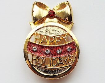 Signed Vintage LIA Gold Tone Happy Holidays Bow Ornament Red and Clear Rhinestones Brooch