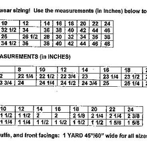 May include: A chart with sizing information for a sewing pattern. The chart includes measurements for bust, waist, hips, back neck to hem, and sleeve length in inches. The chart also includes yardage requirements for 45" and 60" knit fabric.