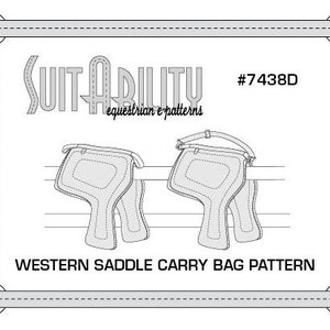May include: A black and white line drawing of a Western saddle carry bag pattern. The pattern is labelled "Western Saddle Carry Bag Pattern" and includes the number "#7438D". The pattern is from Suit-Ability equestrian e-patterns.