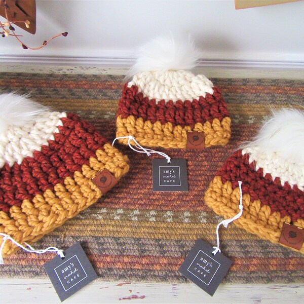 CROCHET BABY HAT / Candy Corn Hat / Fur Pom / Autumn Colors / Leather Tag