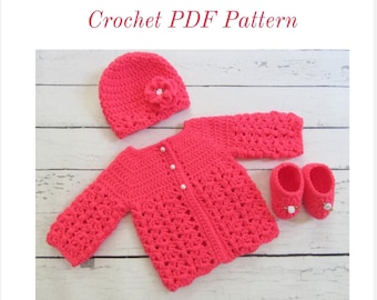 CROCHET PATTERN - McKenna Baby Sweater / Hat / Booties / Easy Crochet Pattern / 4 Sizes (Newborn, 0-3, 3-6, 6-12)