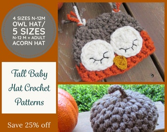 CROCHET PATTERN / BUNDLE / Baby Owl Hat / Baby Acorn Hat / Easy Patterns / Fall