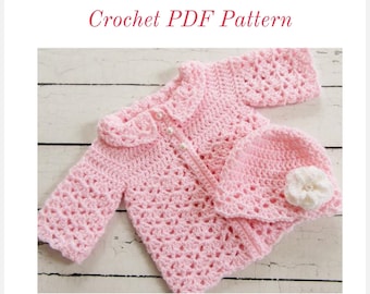 CROCHET PATTERN - Elizabeth Baby Sweater / Hat / 4 Sizes (Newborn, 0-3, 3-6, 6-12)