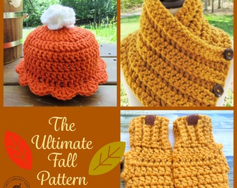 CROCHET PATTERN BUNDLE / Chunky Button Cowl / Fingerless Gloves / Pumpkin Pie Hat / Instant Download / Digital Files /Easy Patterns