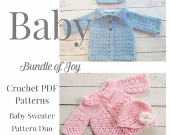 CROCHET PATTERN BUNDLE / Baby Sweaters / Hats / 4 Sizes (Newborn, 0-3, 3-6, 6-12)